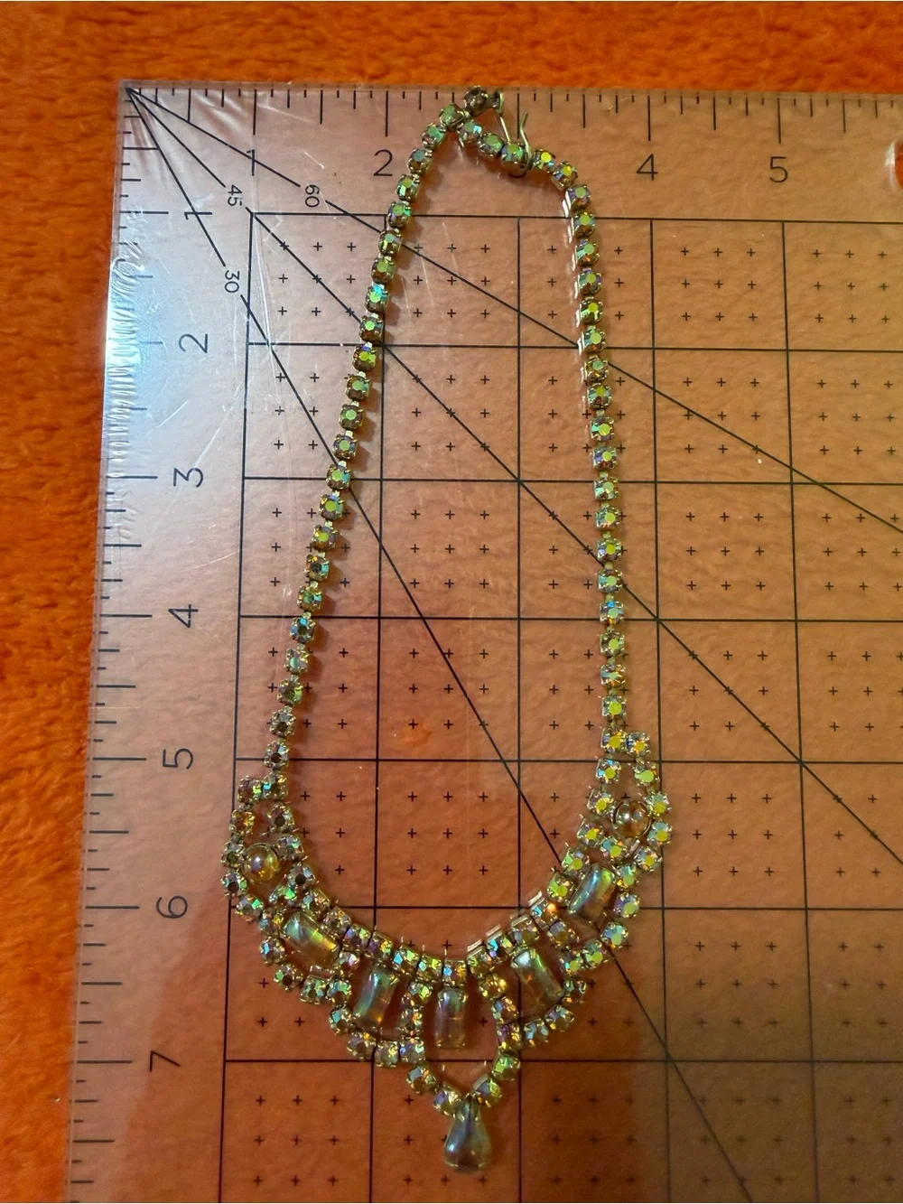 Vintage Aurora Borealis Rhinestone Necklace Gold Tone AB Crystal Statement